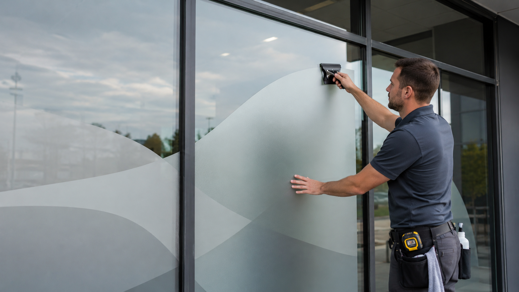 A professional installer applying seamless vinyl window graphics to a clean retail storefront.